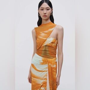 Simkhai Terra Asymmetric Draped Printed Jersey Sleeveless Top Orange XS / Small